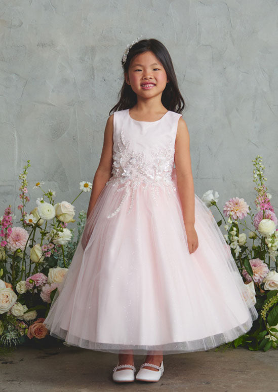 girls ivory special occasion dress with 3D floral appliqués and intricate beading