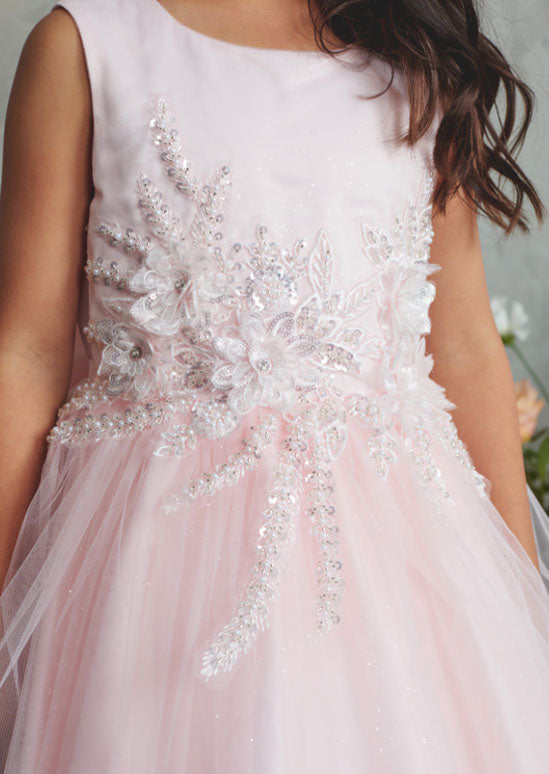 girls pink special occasion dress with 3D floral appliqués and intricate beading