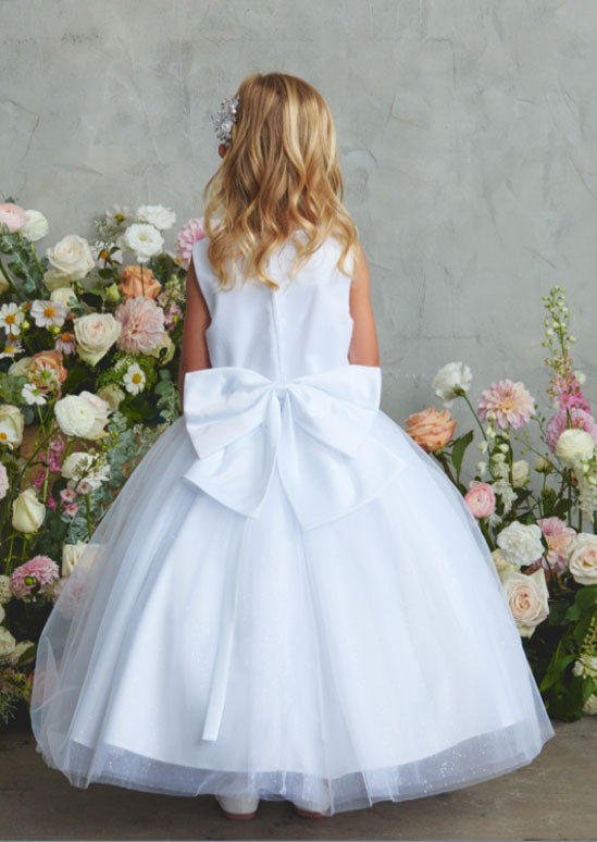 girls white special occasion dress with 3D floral appliqués and intricate beading