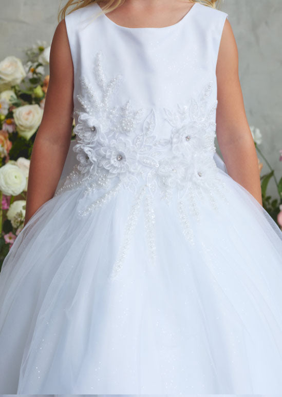 girls white special occasion dress with 3D floral appliqués and intricate beading
