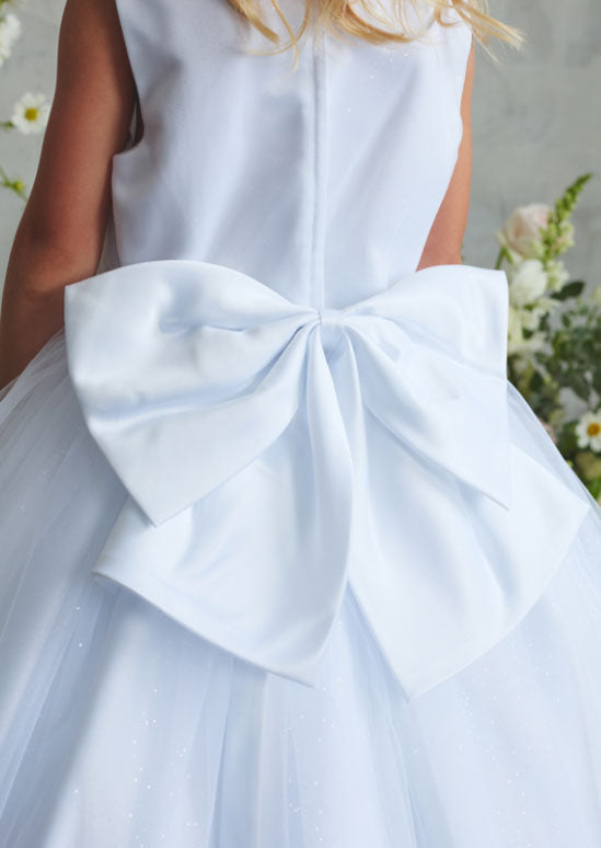 girls white special occasion dress with 3D floral appliqués and intricate beading