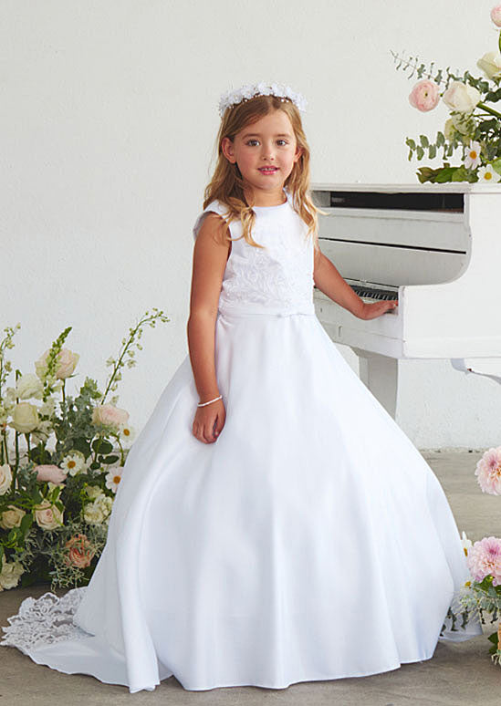 This refined toddler and girls satin gown crafted for young ladies, showcasing an ornate lace appliqué bodice paired with an elegant train embellished in delicate lace. white