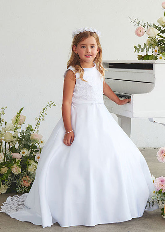 This refined toddler and girls satin gown crafted for young ladies, showcasing an ornate lace appliqué bodice paired with an elegant train embellished in delicate lace. white