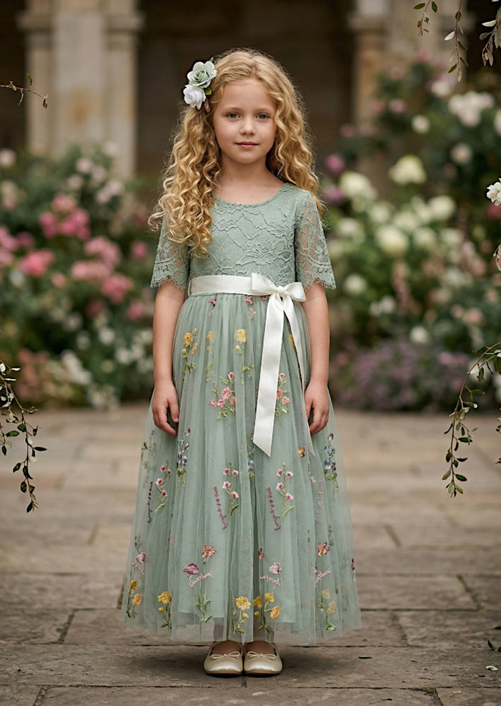 Fable Floral Flower Girl Dress - Sage Short Sleeve