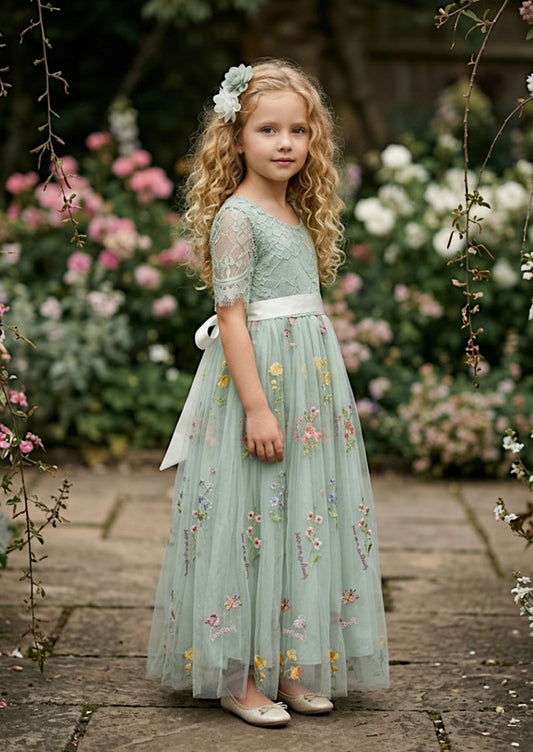 Fable Floral Flower Girl Dress - Sage Short Sleeve