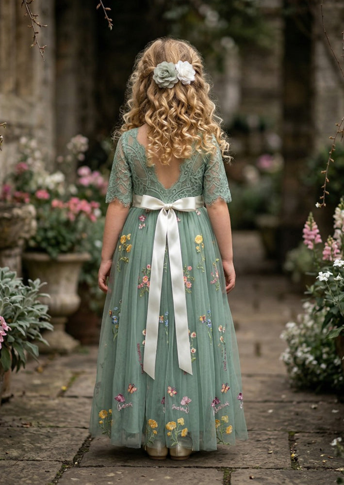 Fable Floral Flower Girl Dress - Sage Short Sleeve