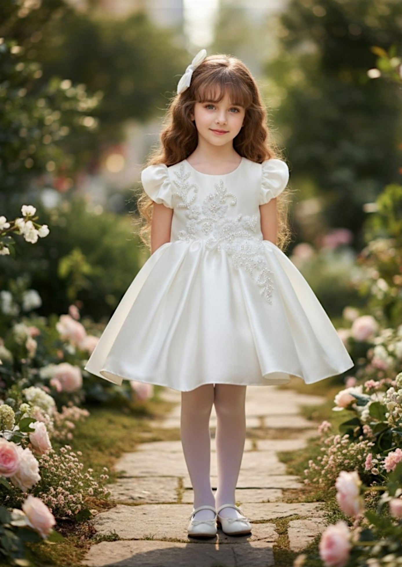 White Beaded Satin Flower Girl Dress