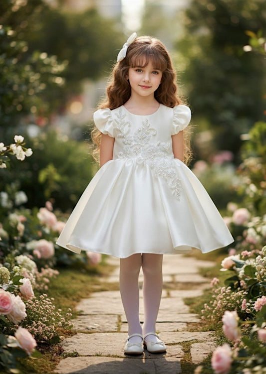 White Beaded Satin Flower Girl Dress