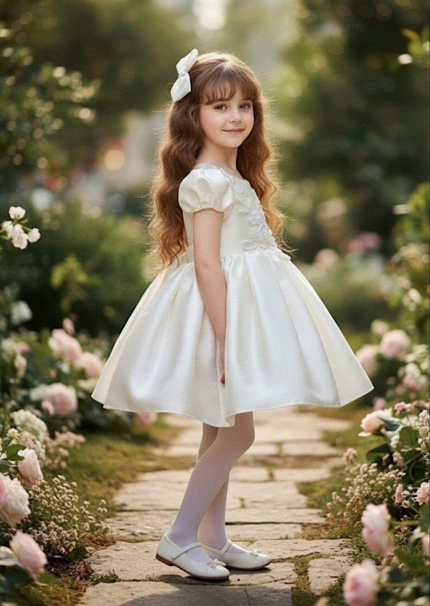 White Beaded Satin Flower Girl Dress