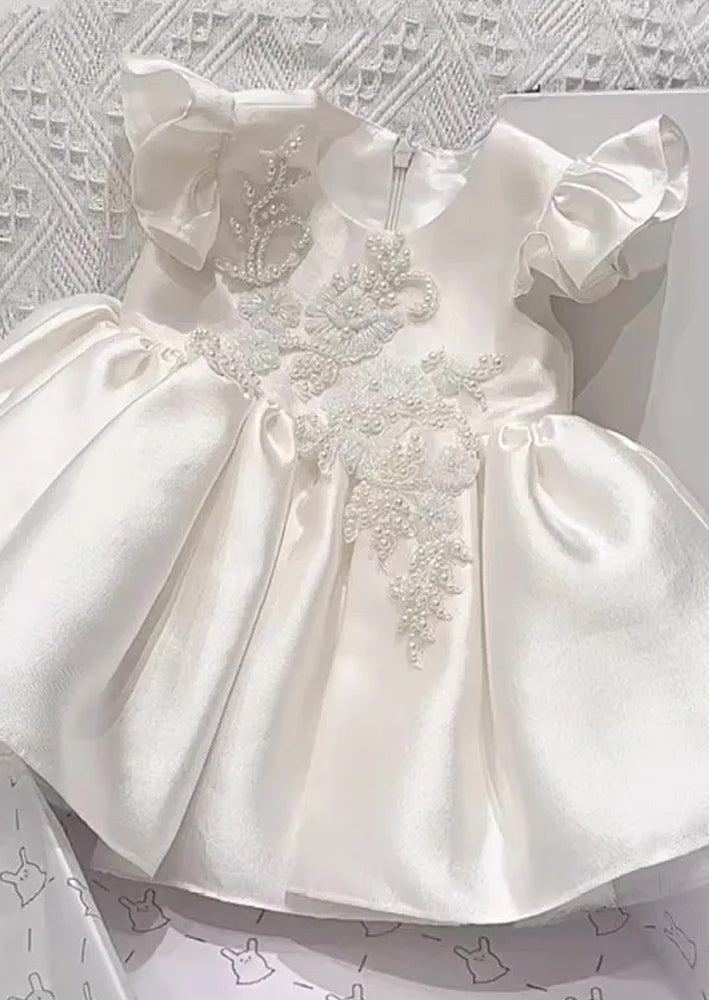 White Beaded Satin Flower Girl Dress