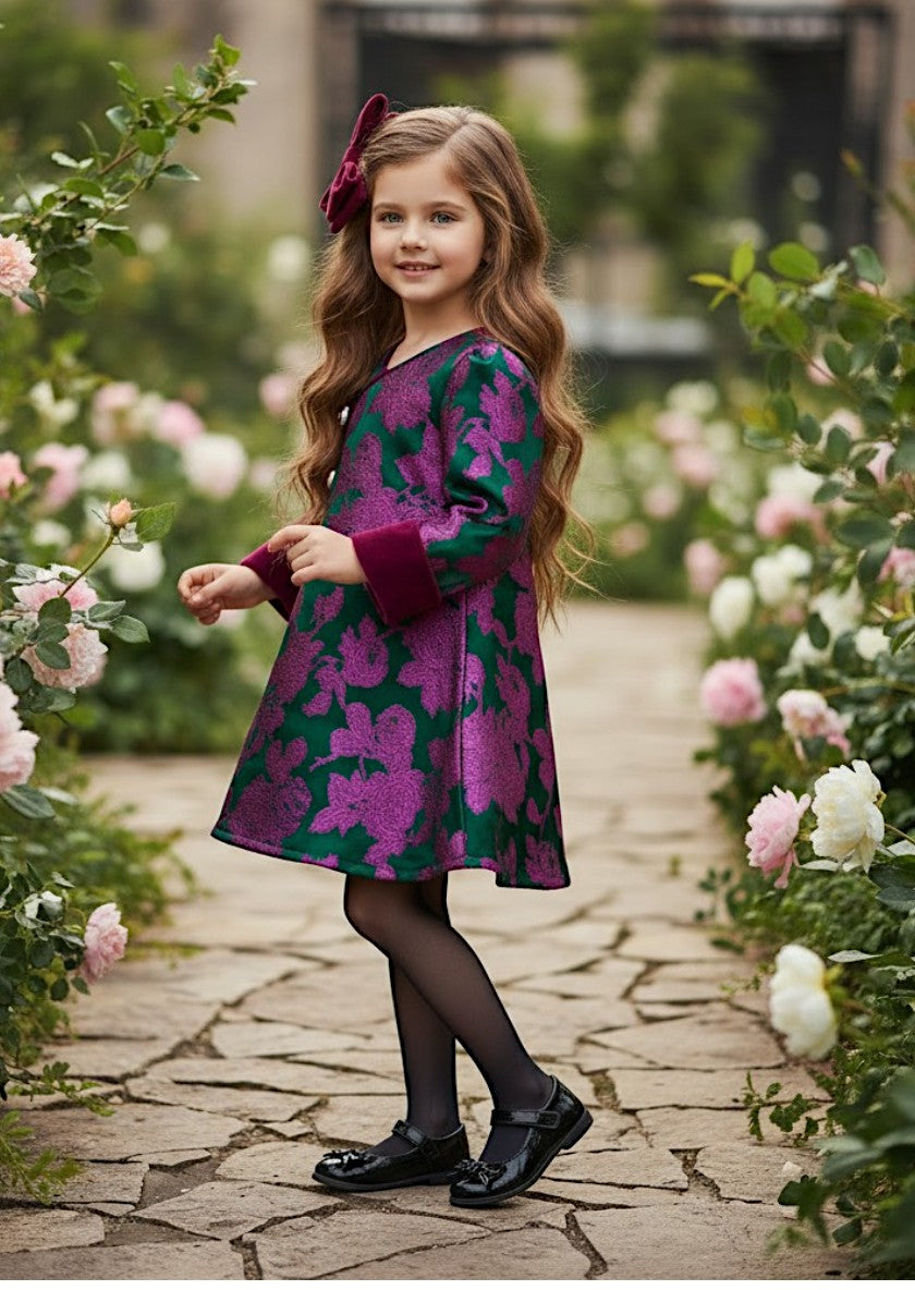 Girls Floral Satin Dress with Velvet Cuffs
