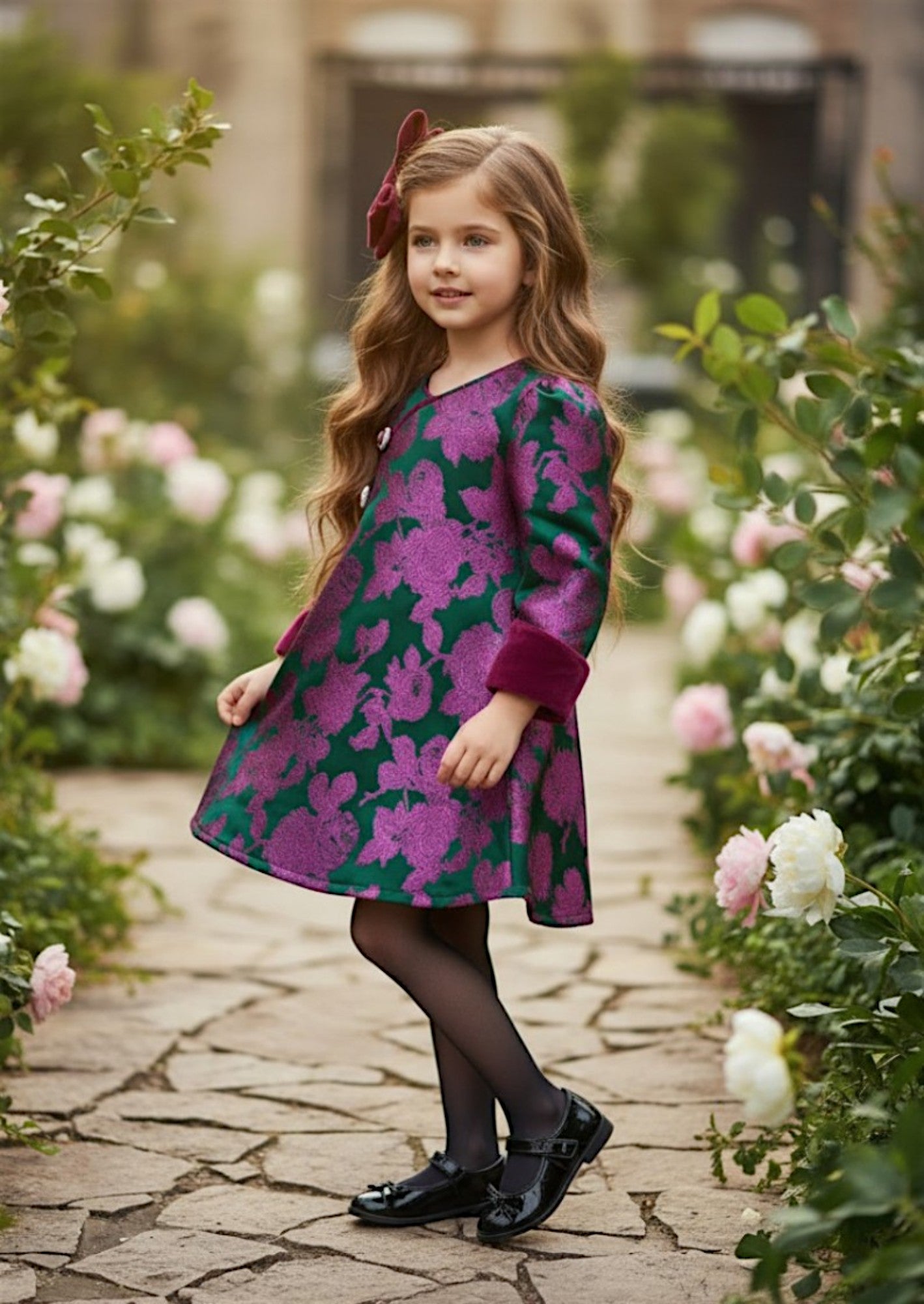Girls Floral Satin Dress with Velvet Cuffs