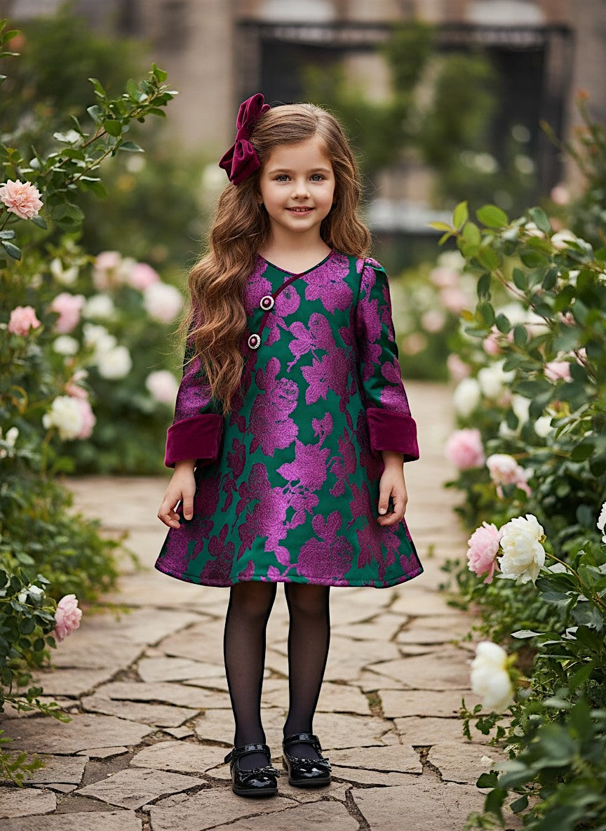 Girls Floral Satin Dress with Velvet Cuffs