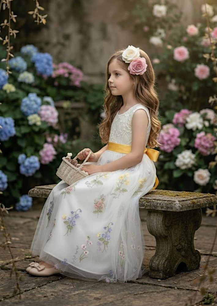 Floral Flower Girl Dress - White Sleeveless