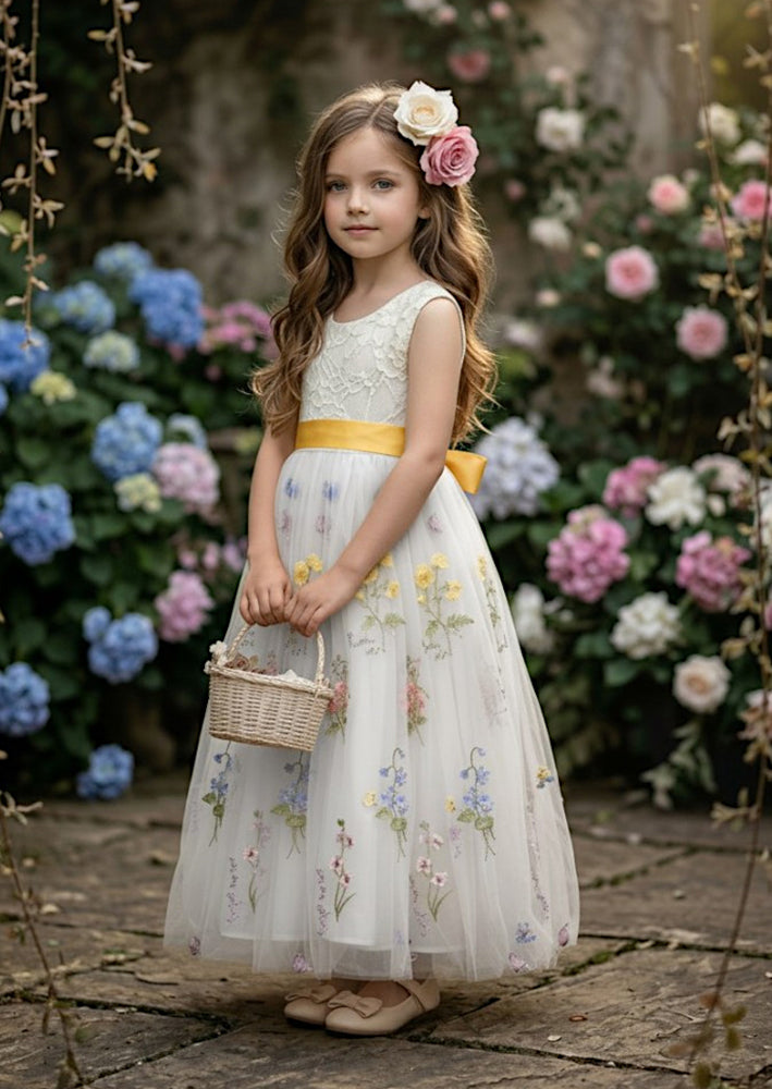 Floral Flower Girl Dress - White Sleeveless