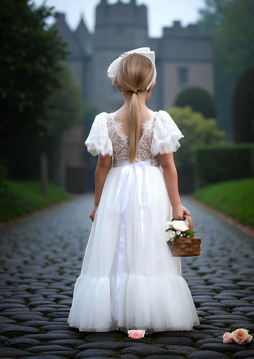 Elegant White Tulle & Lace Flower Girl Dress