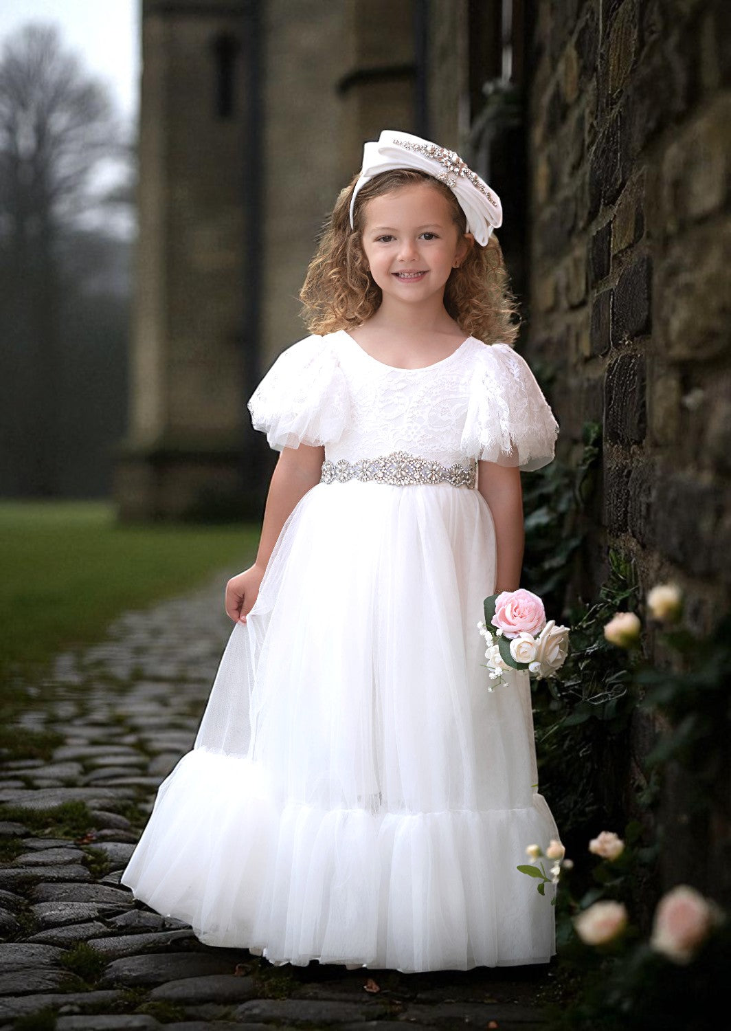 Elegant White Tulle & Lace Flower Girl Dress