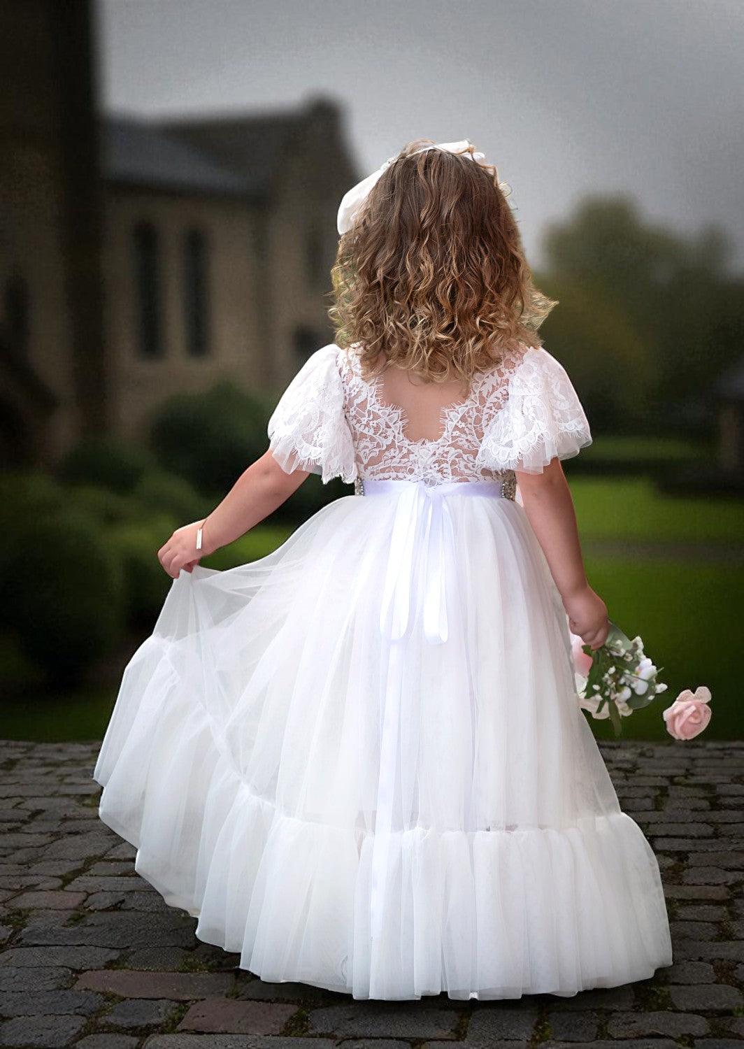 Elegant White Tulle & Lace Flower Girl Dress