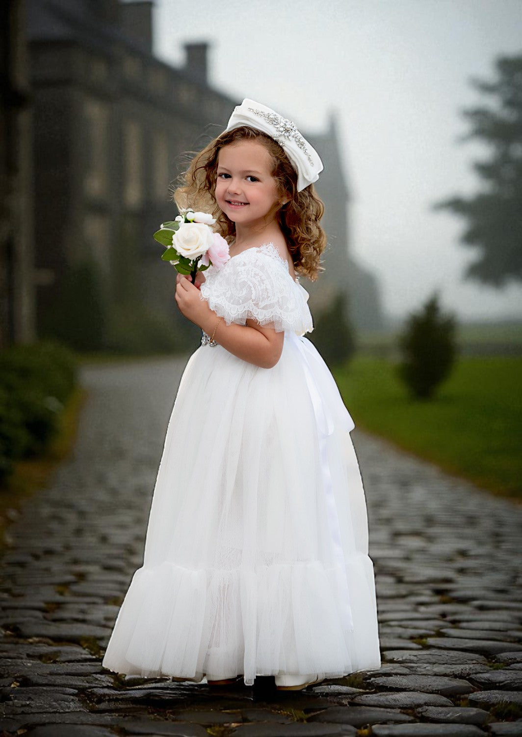 Elegant White Tulle & Lace Flower Girl Dress