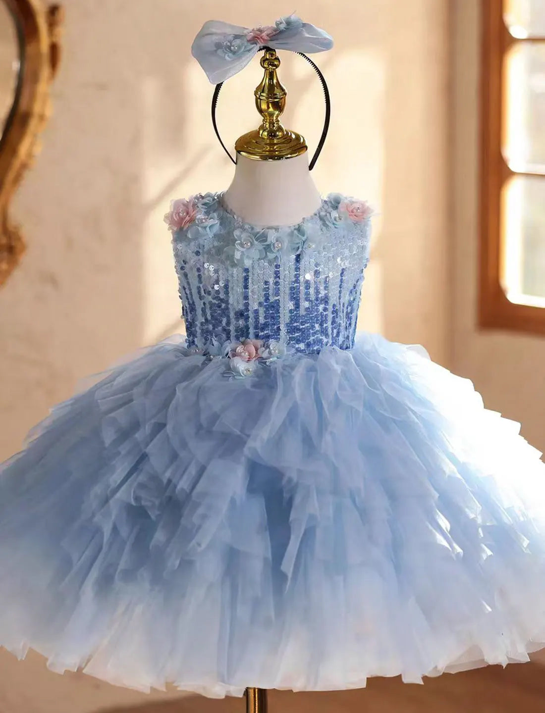 girls Dress Blue with Sequin Bodice & Tulle Skirt