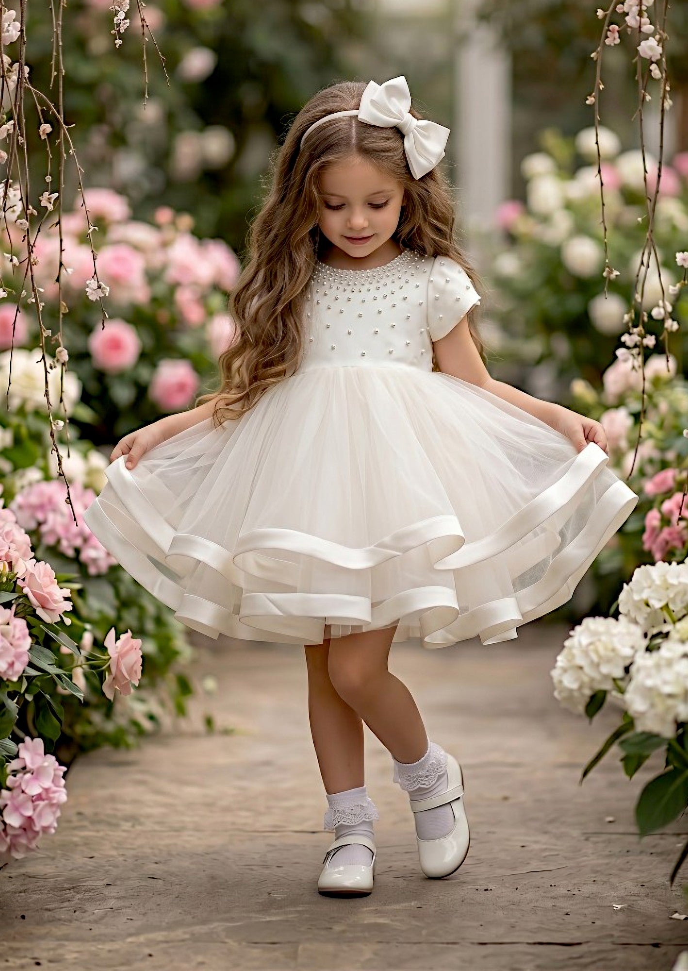 Analise Dress in White | Beaded Satin & Tulle