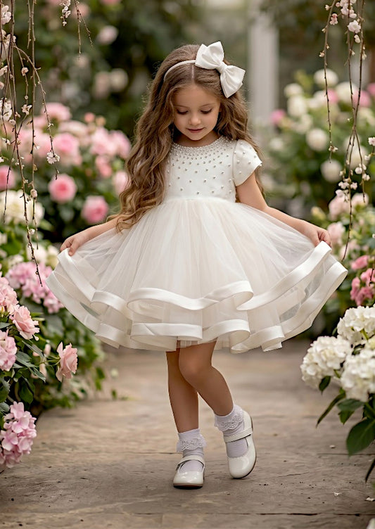 Analise Dress in White | Beaded Satin & Tulle