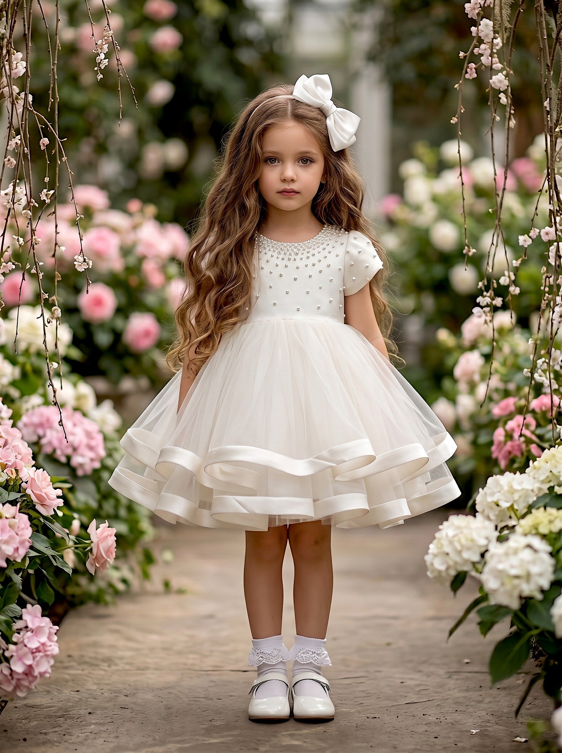 Analise Dress in White | Beaded Satin & Tulle