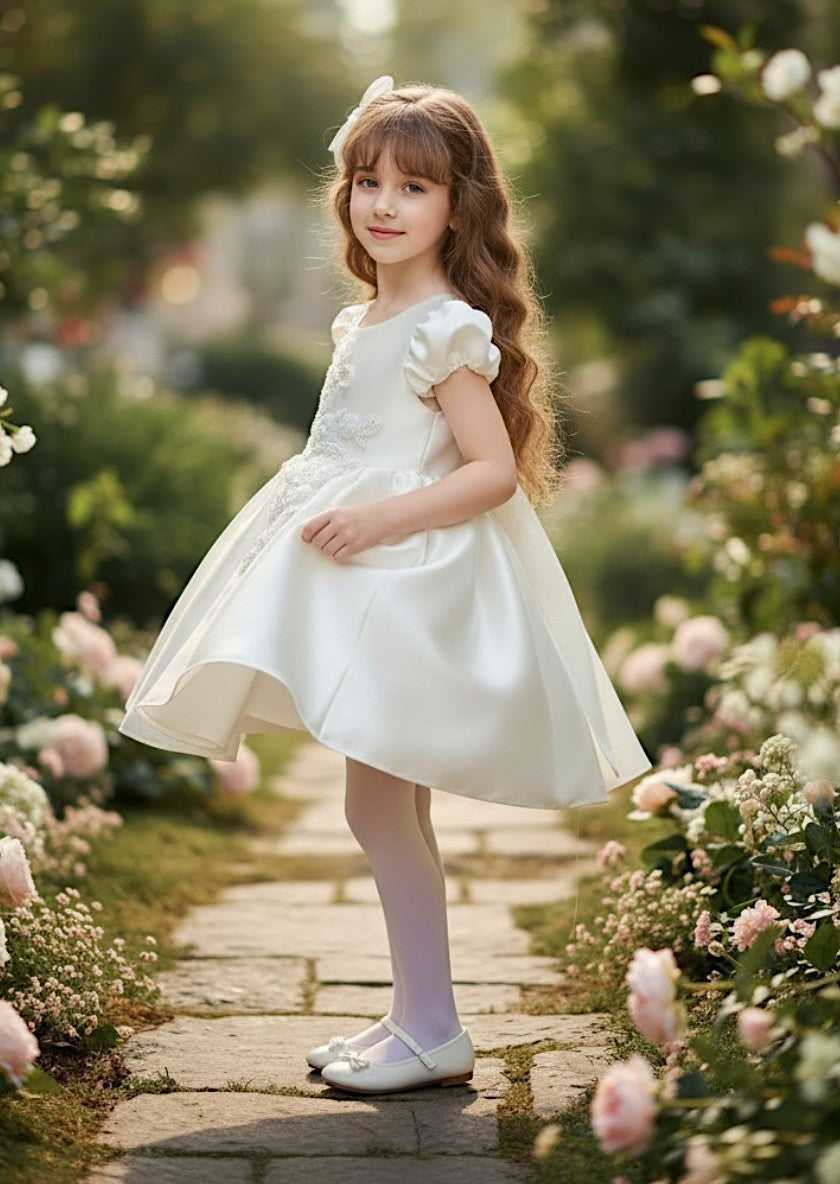 White Beaded Satin Flower Girl Dress